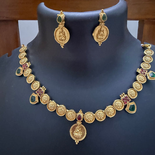 Antique Gold Lakshmi Kasina Mala Necklace Set with Emerald Green Palakka & Ruby Kemp Accents
