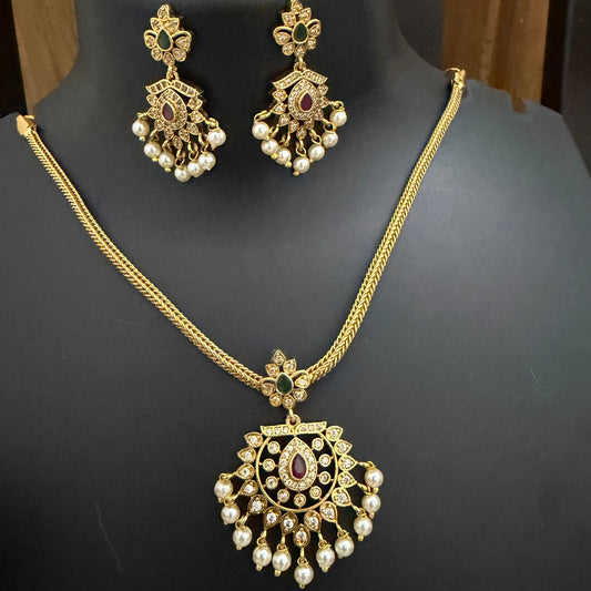Ruby-Emerald Pearl Guttapusalu Pendant Set - Attigai Necklace with Earrings