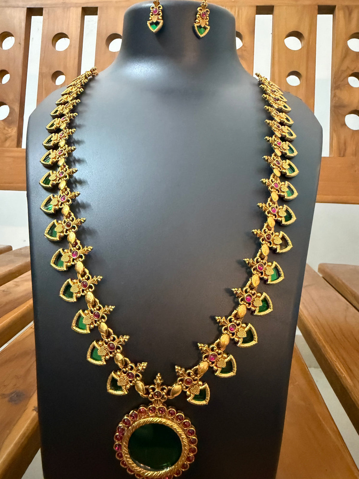 Green Palakka Long Haram with Big Stone Pendant - Ruby & Green Temple Bridal Set