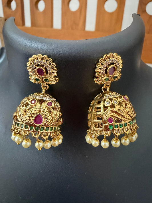 AD stone Jhumka with pearl hanging