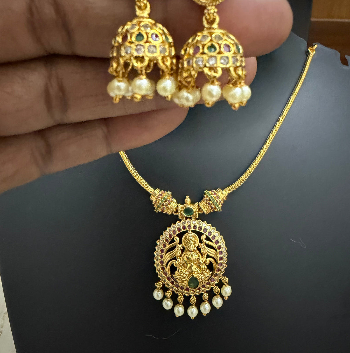 Mahalakshmi Temple Necklace Set with Ruby, Emerald & Pearl Jhumkas