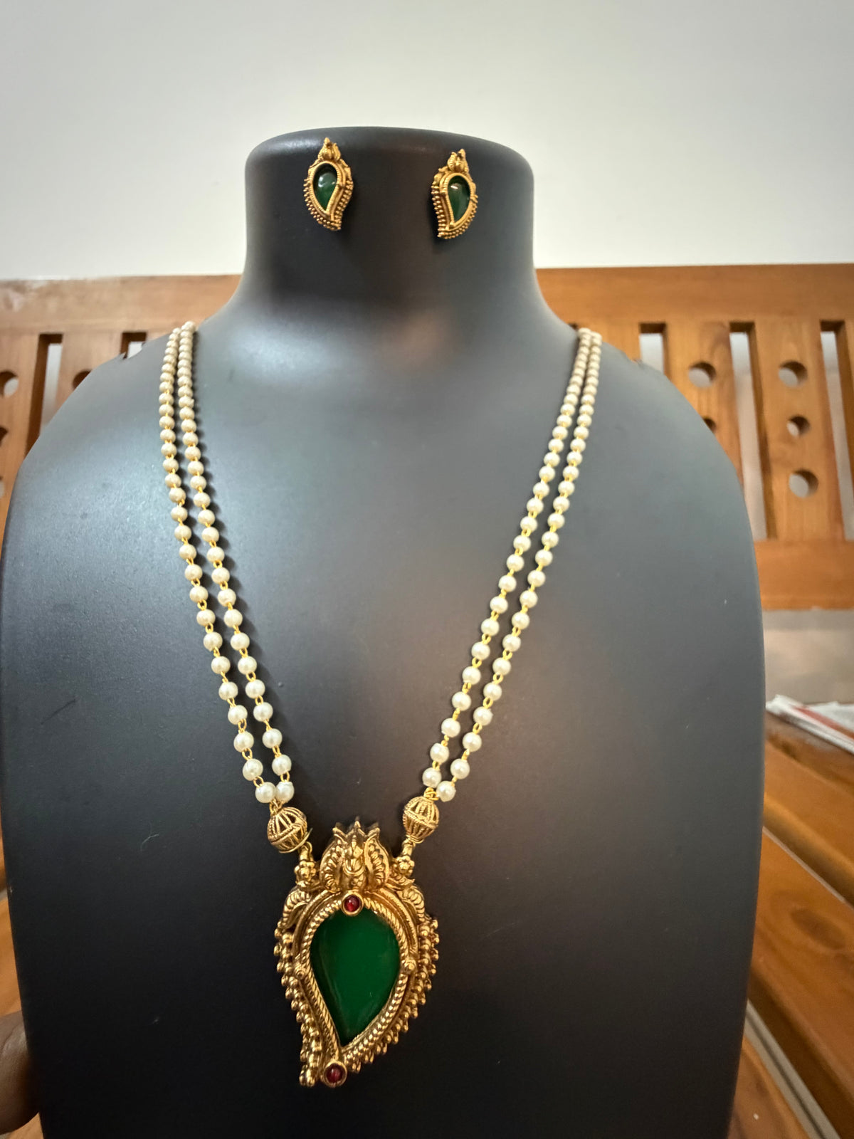 Kerala Pearl Long Haram with Green Mango Pendant - Double Layer White Pearl Haram with Palakka Pendant & Earrings
