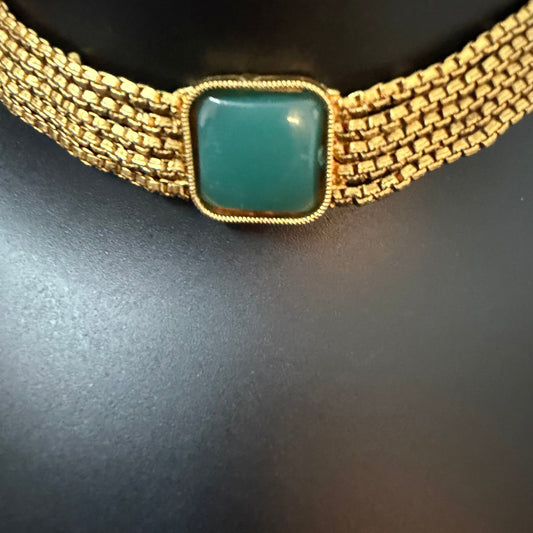 Emerald Square Choker Set - 5 Layer Antique Gold Mesh Choker with Stud Earrings