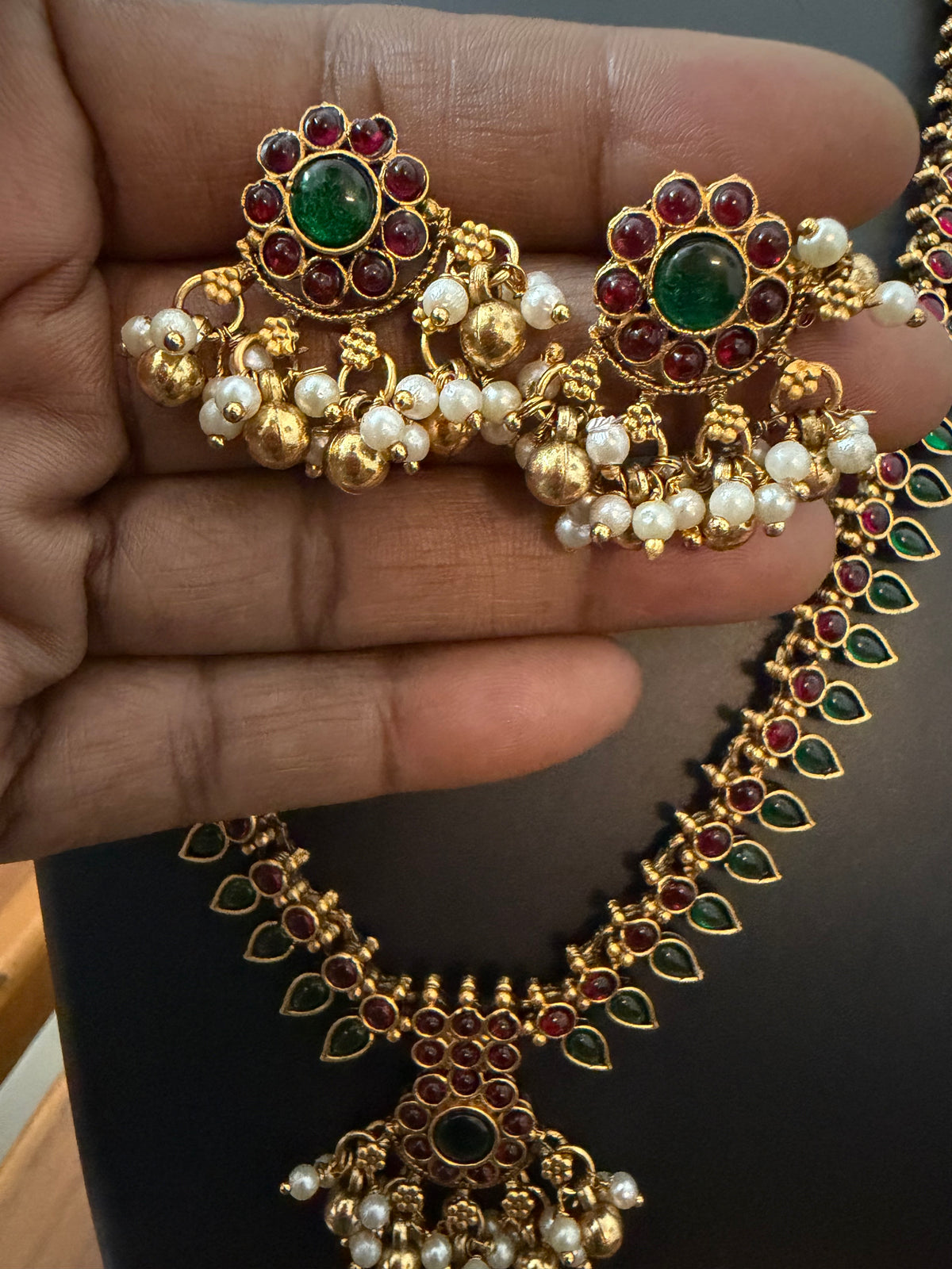 Mullai Kemp Long Haram Set - Red & Green Mango Leaf Temple Necklace withearrings