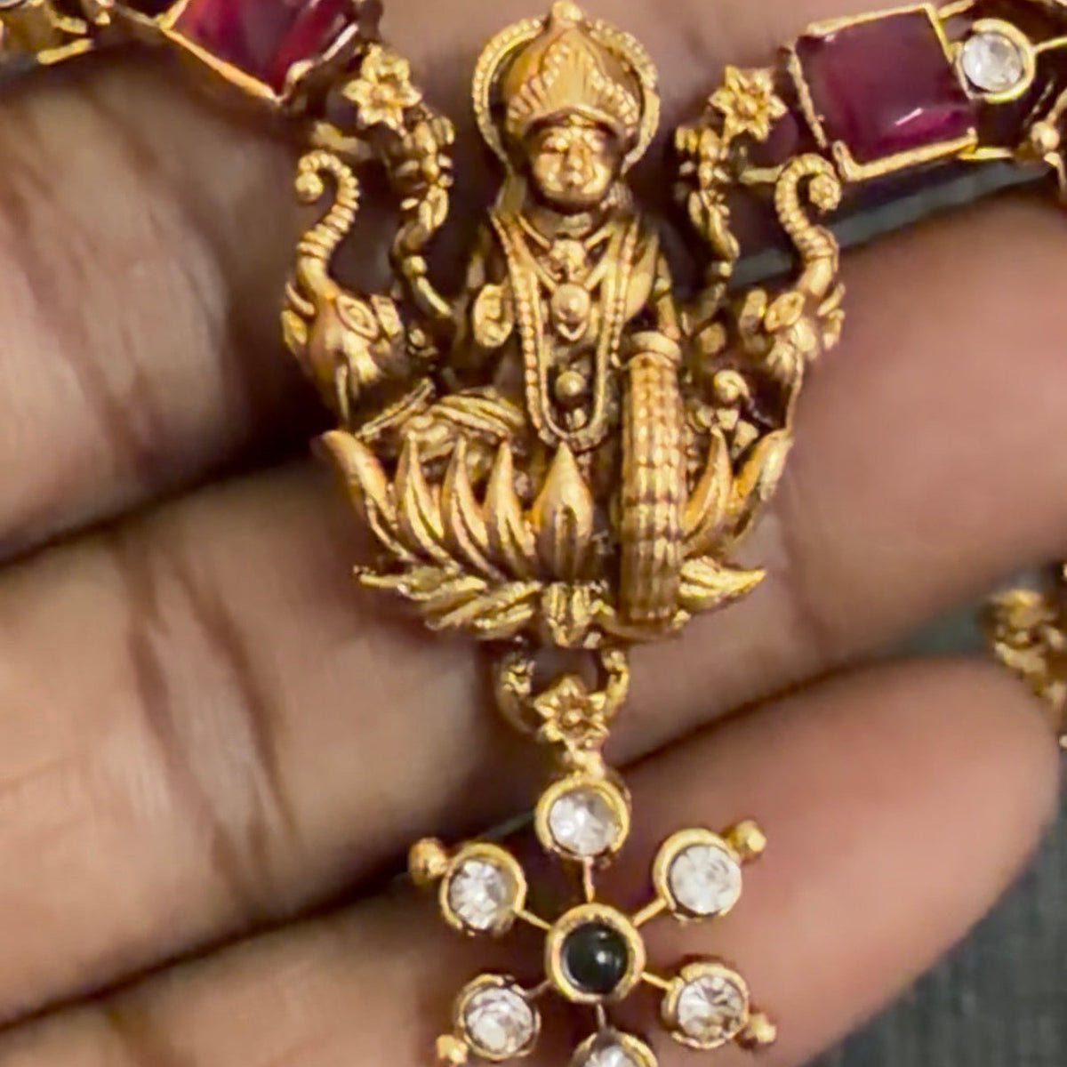 Gaja Lakshmi Bala Krishna Temple Necklace Set - Antique Kemp Ruby CZ
