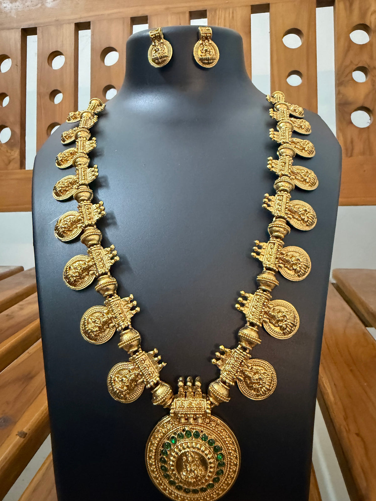 Premium Lakshmi Coin Haram - Big Round Lakshmi Pendant with Ruby Kemp
