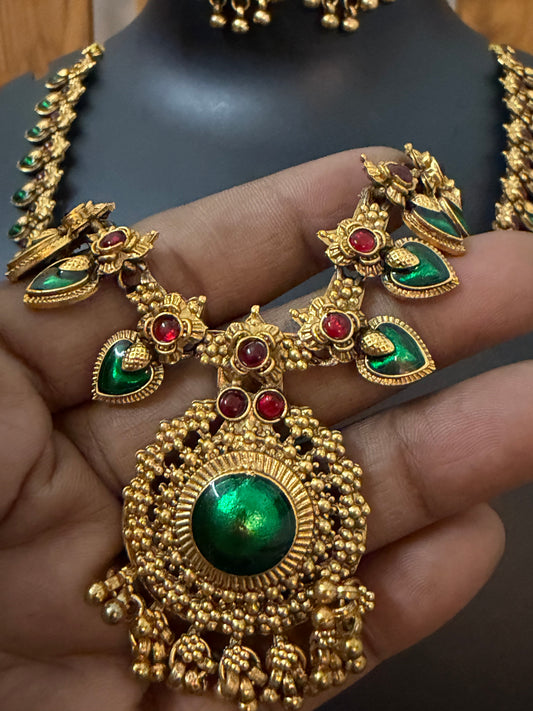Kerala Green Palakka Mango Long Haram with Big Pendant & Earrings - Antique Temple Long Haram 24 Inch