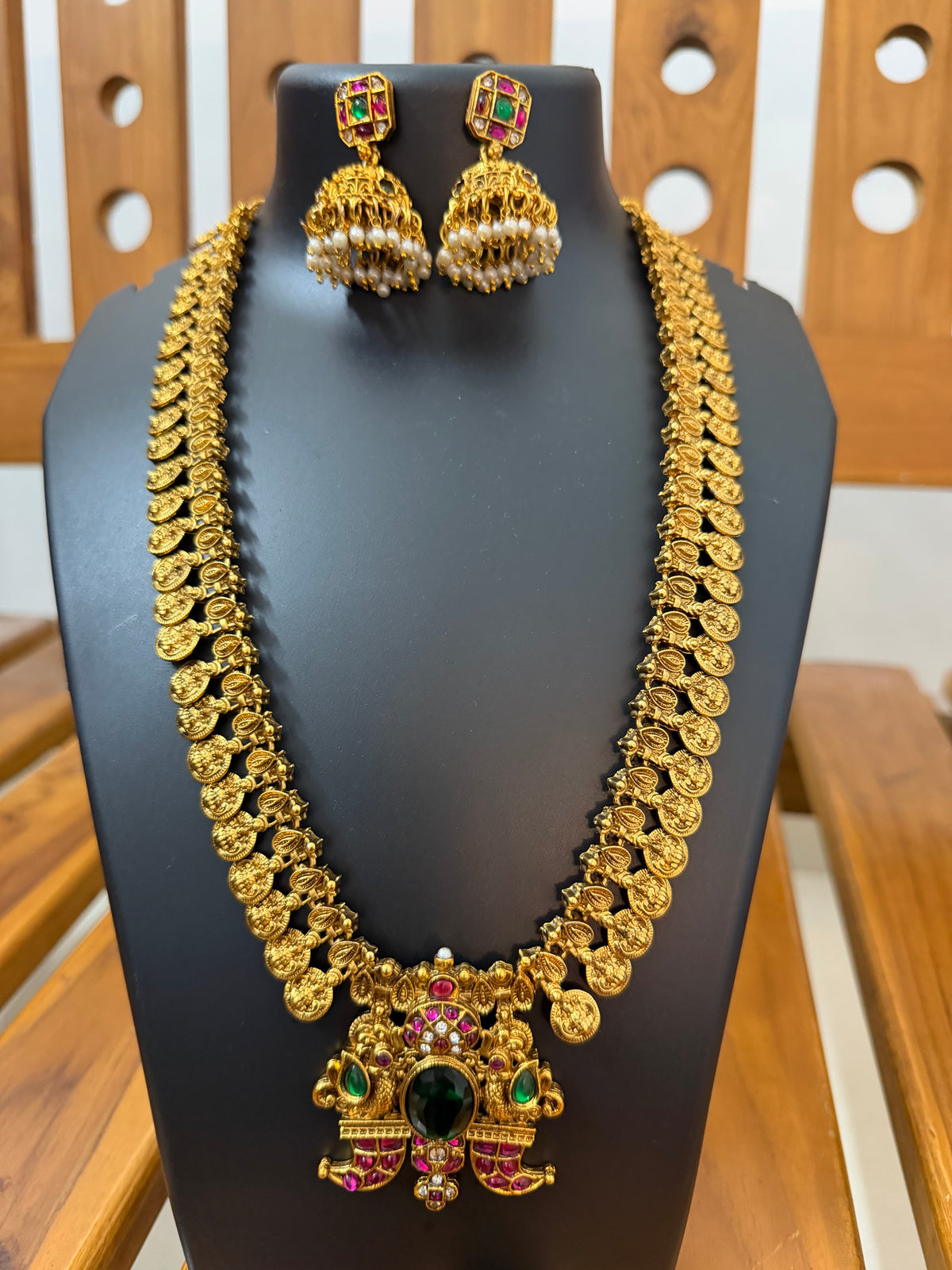 Ruby Kemp Lakshmi Coin Long Haram with Gaja Pendant & Jhumka - Premium Temple Jewellery