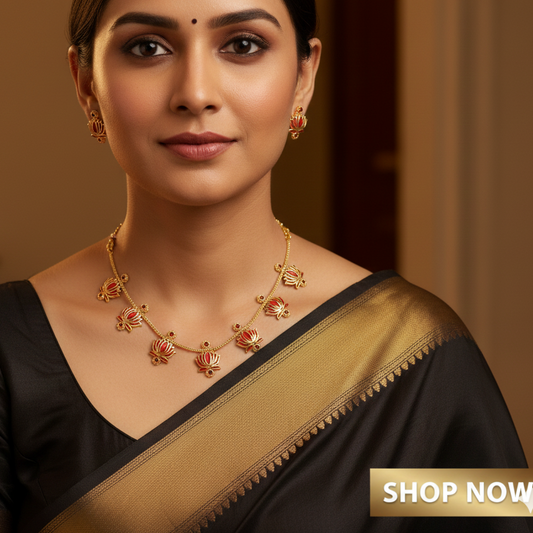 Lotus Necklace Set with Matching Earrings | Temple & Festive Jewellery