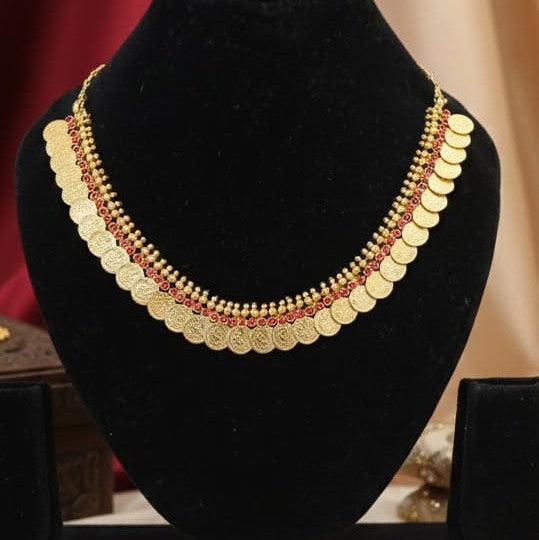 Antique Gold Plated Lakshmi Coin Necklace Set with Ruby stones : Code: CNR499
