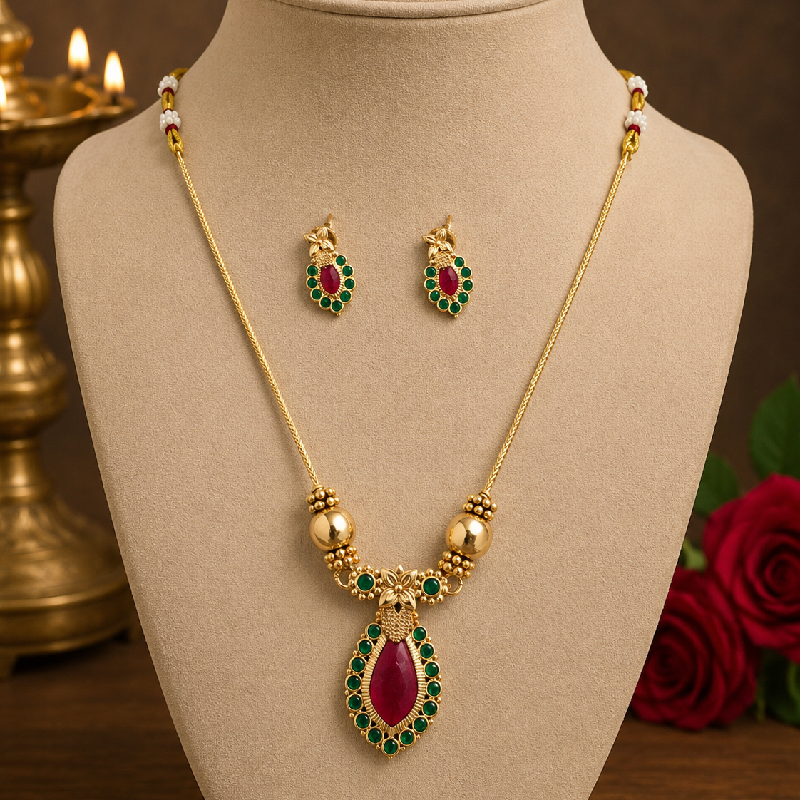 Ruby pendant necklace set : Code: KJ2200