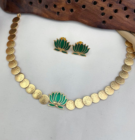 Lotus Coin Temple Necklace Set – Premium South Indian Imitation Jewellery | SK2201 | Saanvi by Rajani