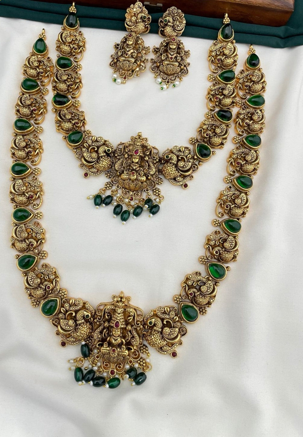 Green Stone Goddess Lakshmi Temple Jewellery Long Haram Set | Code SK 9560 | Saanvi by Rajani