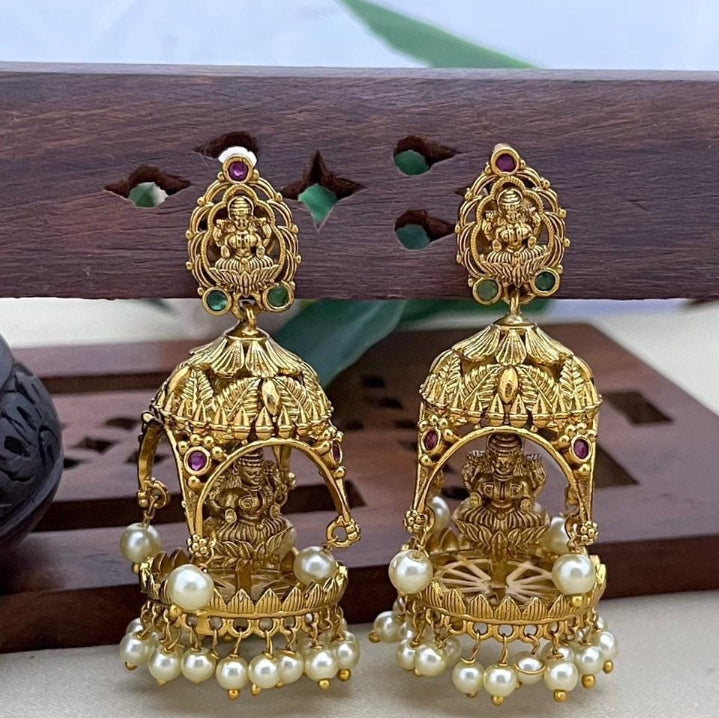 Temple Jhumka Earrings with Lakshmi, Gold & Pearls I code EK 3901