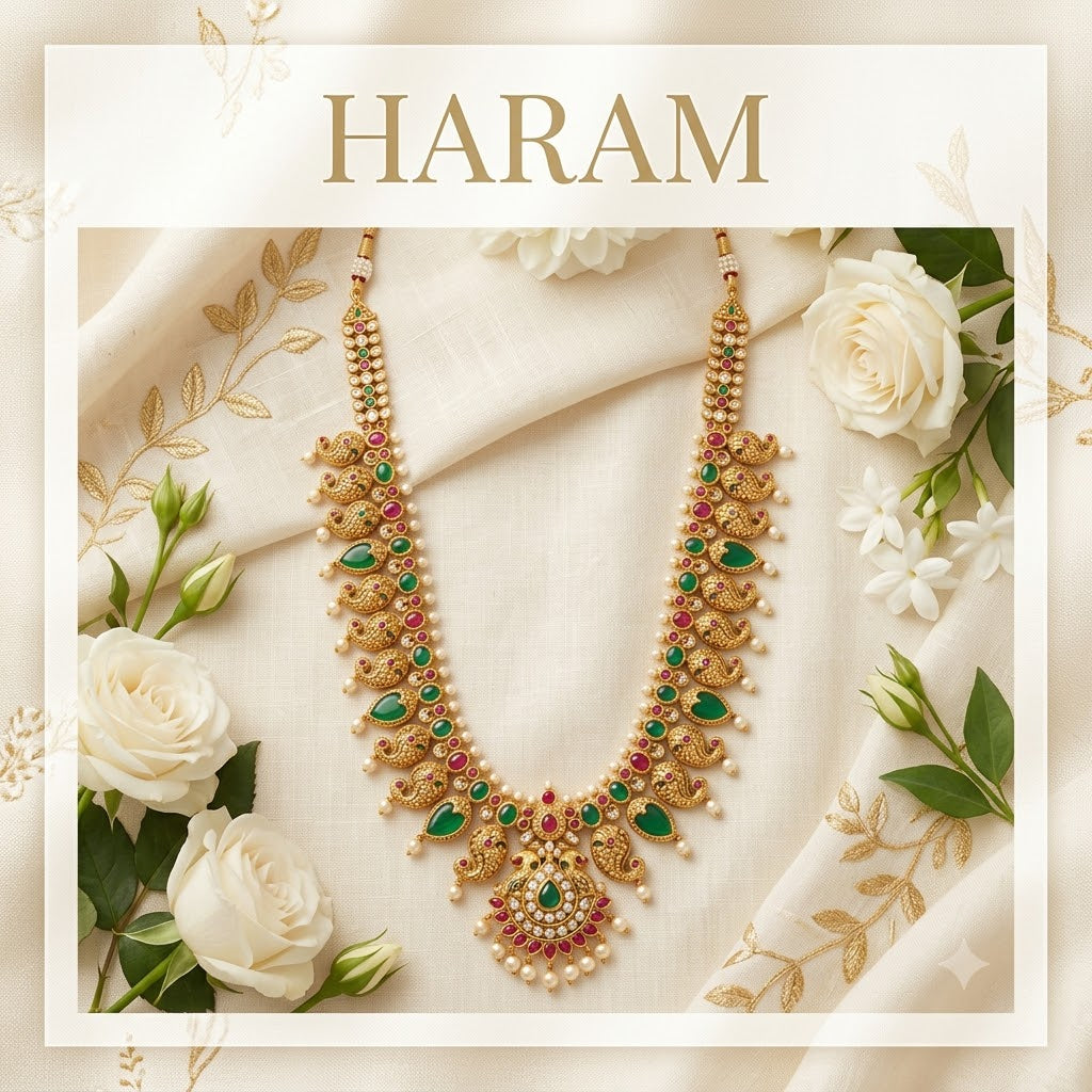 Traditional South Indian ruby green temple necklace set with pearl hanging earrings