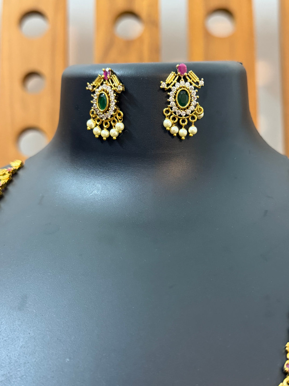 AD Stone Green Thilagam Long Haram with Pendant & Earrings - 26 Inch - Palakka Haram