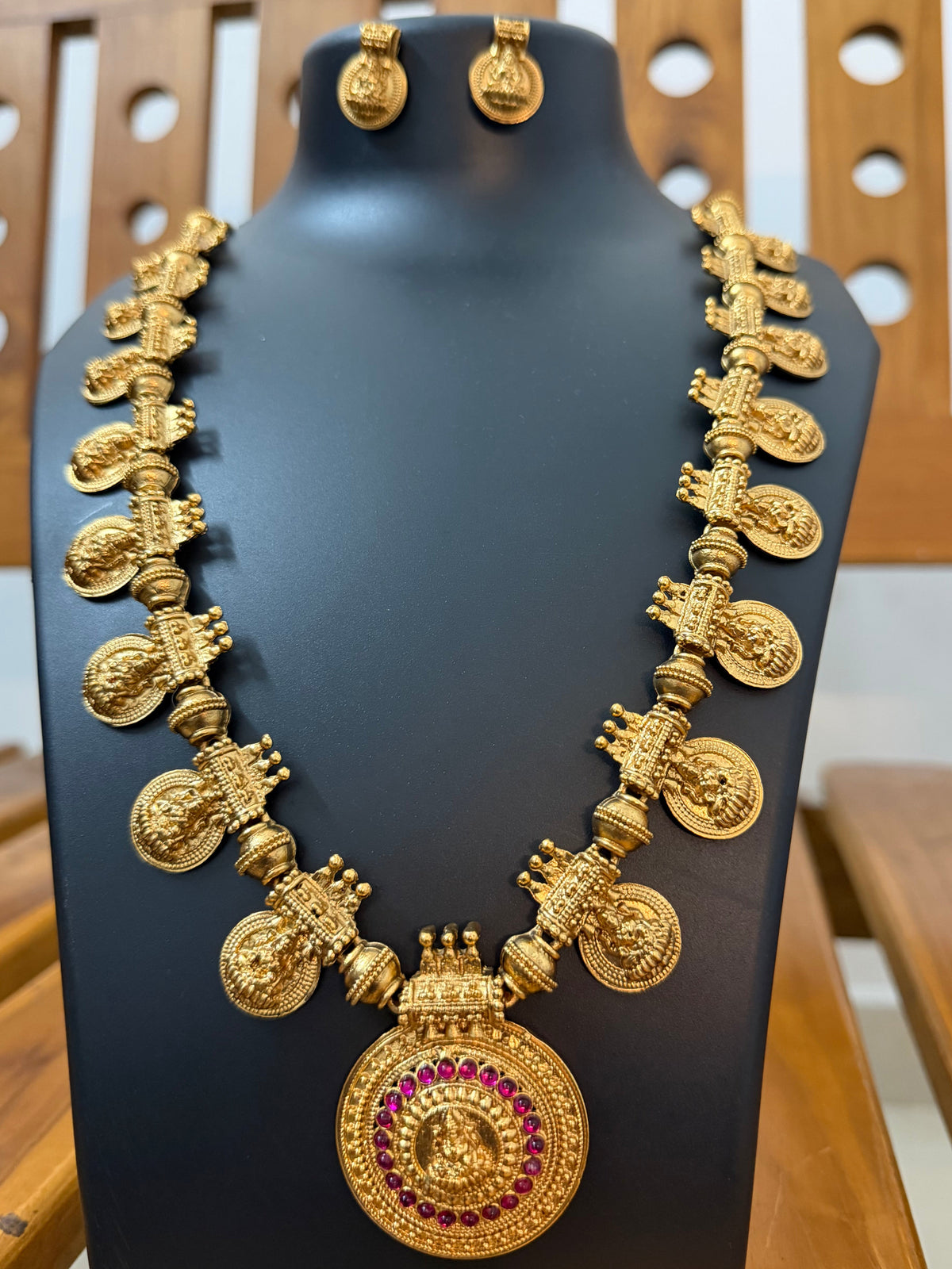 Premium Lakshmi Coin Haram - Big Round Lakshmi Pendant with Ruby Kemp