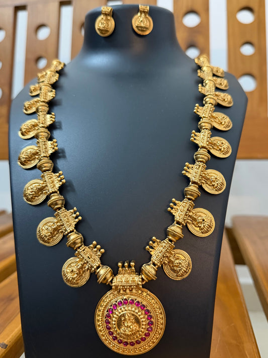 Premium Lakshmi Coin Haram - Big Round Lakshmi Pendant with Ruby Kemp
