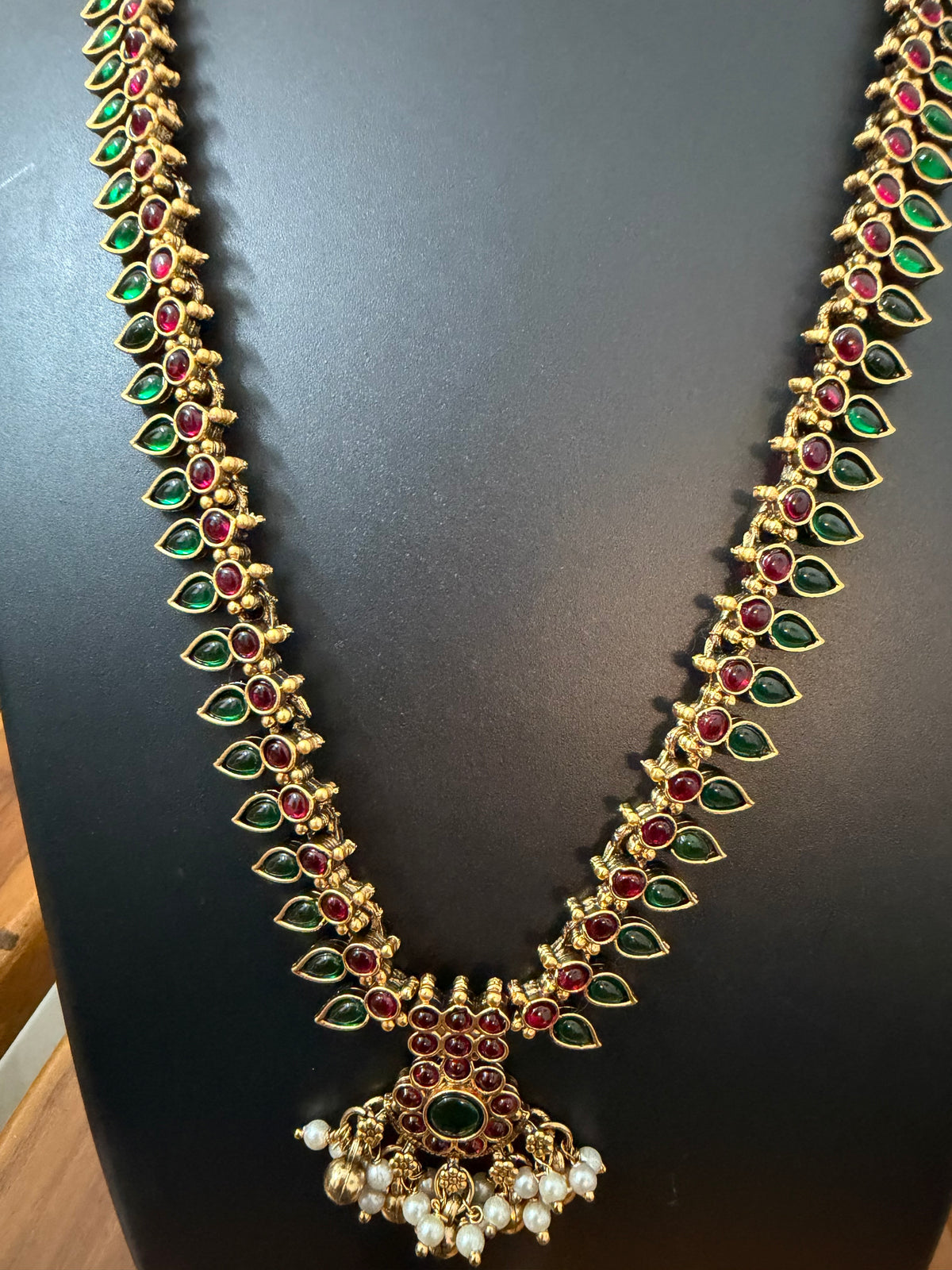 Mullai Kemp Long Haram Set - Red & Green Mango Leaf Temple Necklace withearrings