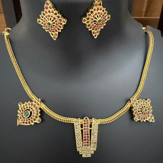 Tirupati Venkatesha Divya Mugappu Necklace : Srinidhi Thirunaamam Mugappu Necklace - Ruby White AD Stone Temple Necklace