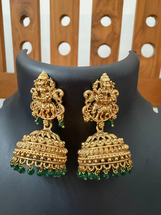 Lakshmi Jhumka with green beads hanging - temple jewelry