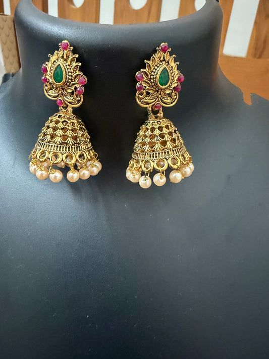 Temple jewelry Jhumka with green center stone and pearl hanging