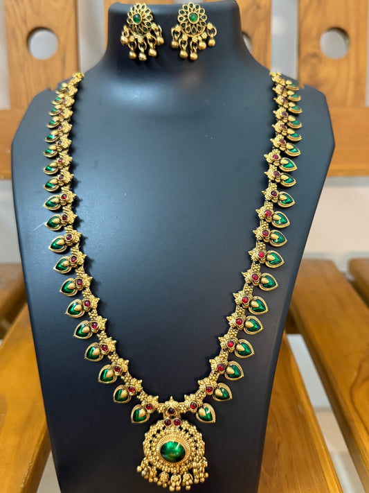 Kerala Green Palakka Mango Long Haram with Big Pendant & Earrings - Antique Temple Long Haram 24 Inch