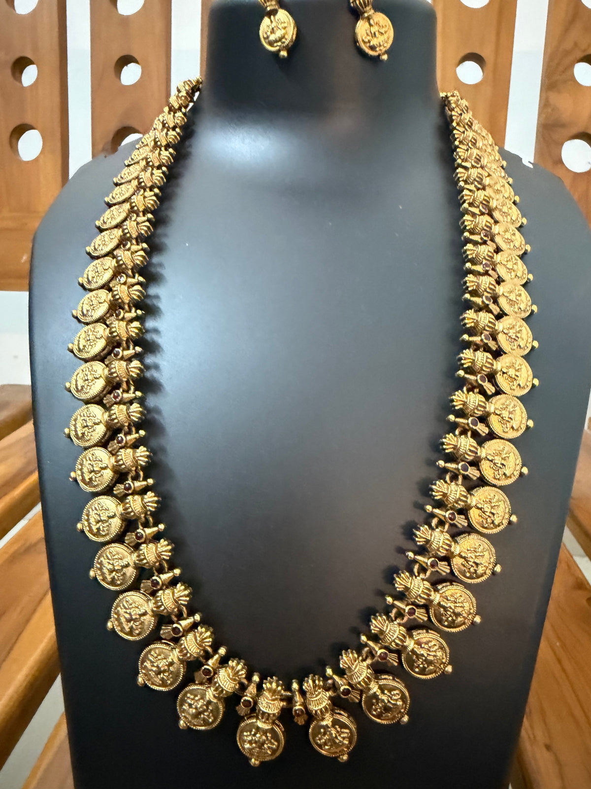 Lakshmi Kasu Long Haram with Lotus Flower Coins - Antique Gold Temple Bridal Set