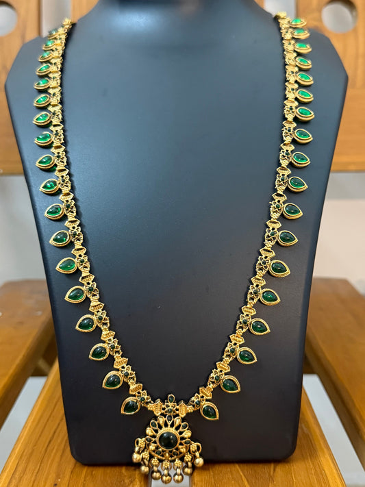 Full Green Palakka Long Haram with Big Pendant & Jhumka Earrings - 26 Inch Kerala Bridal Temple Haram