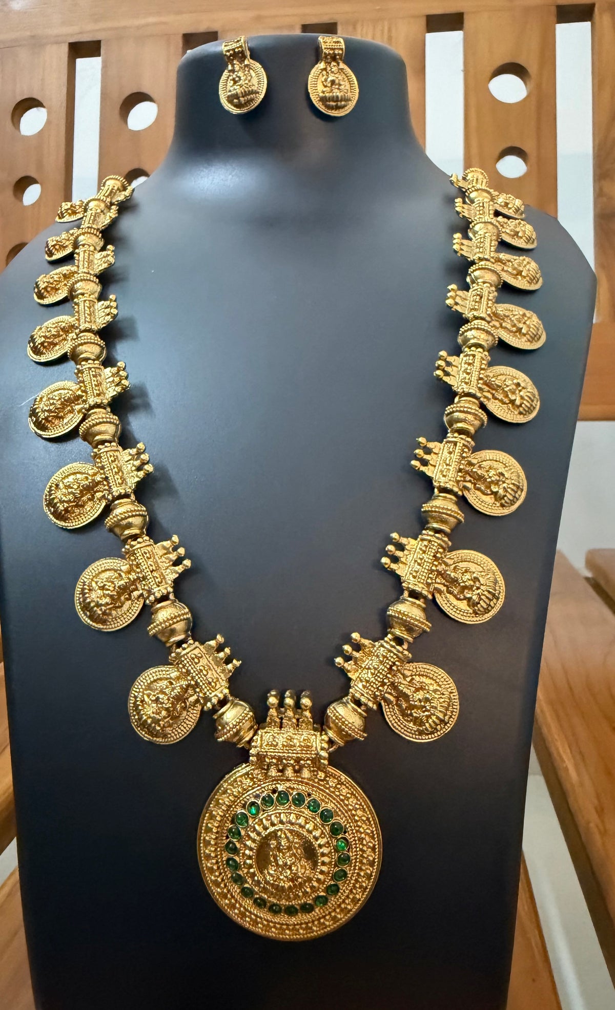 Premium Lakshmi Coin Haram - Big Round Lakshmi Pendant with Ruby Kemp