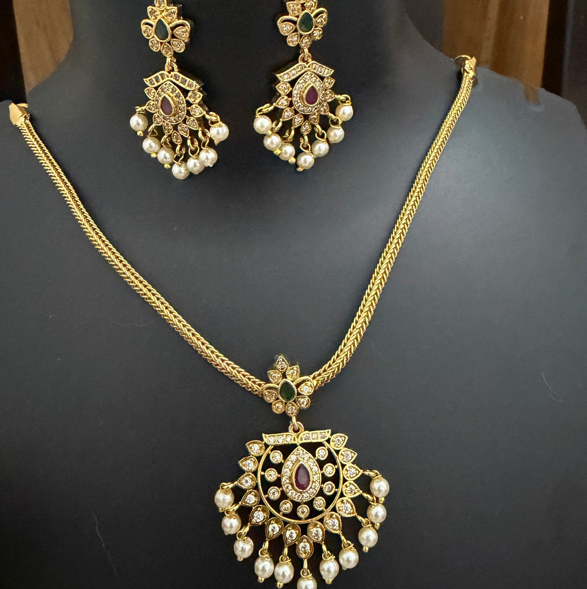 Ruby-Emerald Pearl Guttapusalu Pendant Set - Attigai Necklace with Earrings
