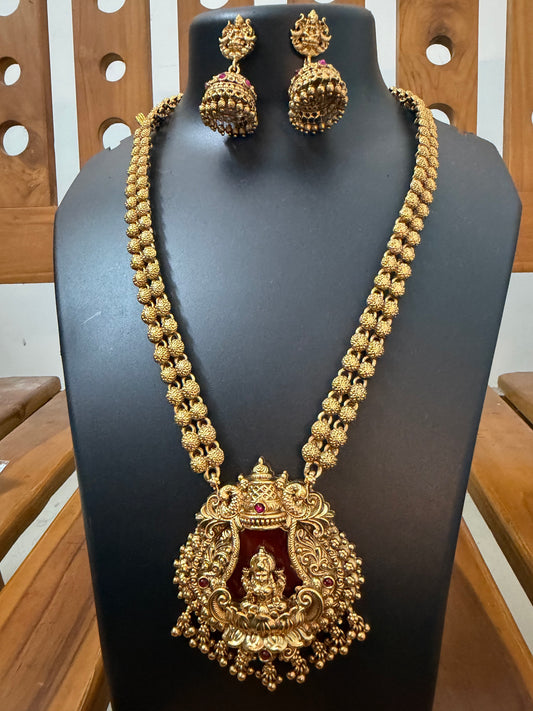 Lakshmi Peacock Arch Long Haram with Maroon Enamel Pendant & Heavy Jhumka - Premium Temple Bridal Set