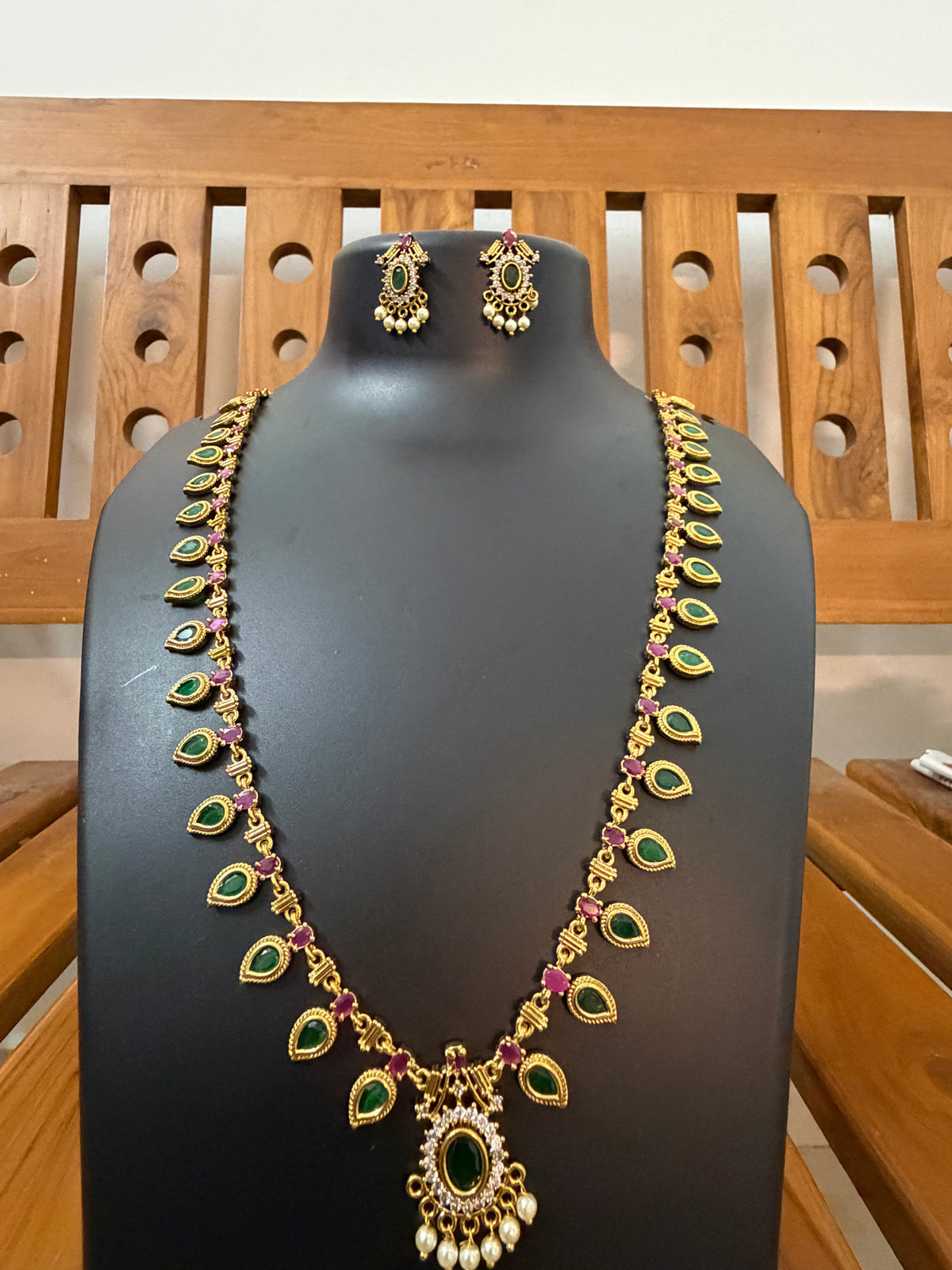 AD Stone Green Thilagam Long Haram with Pendant & Earrings - 26 Inch - Palakka Haram