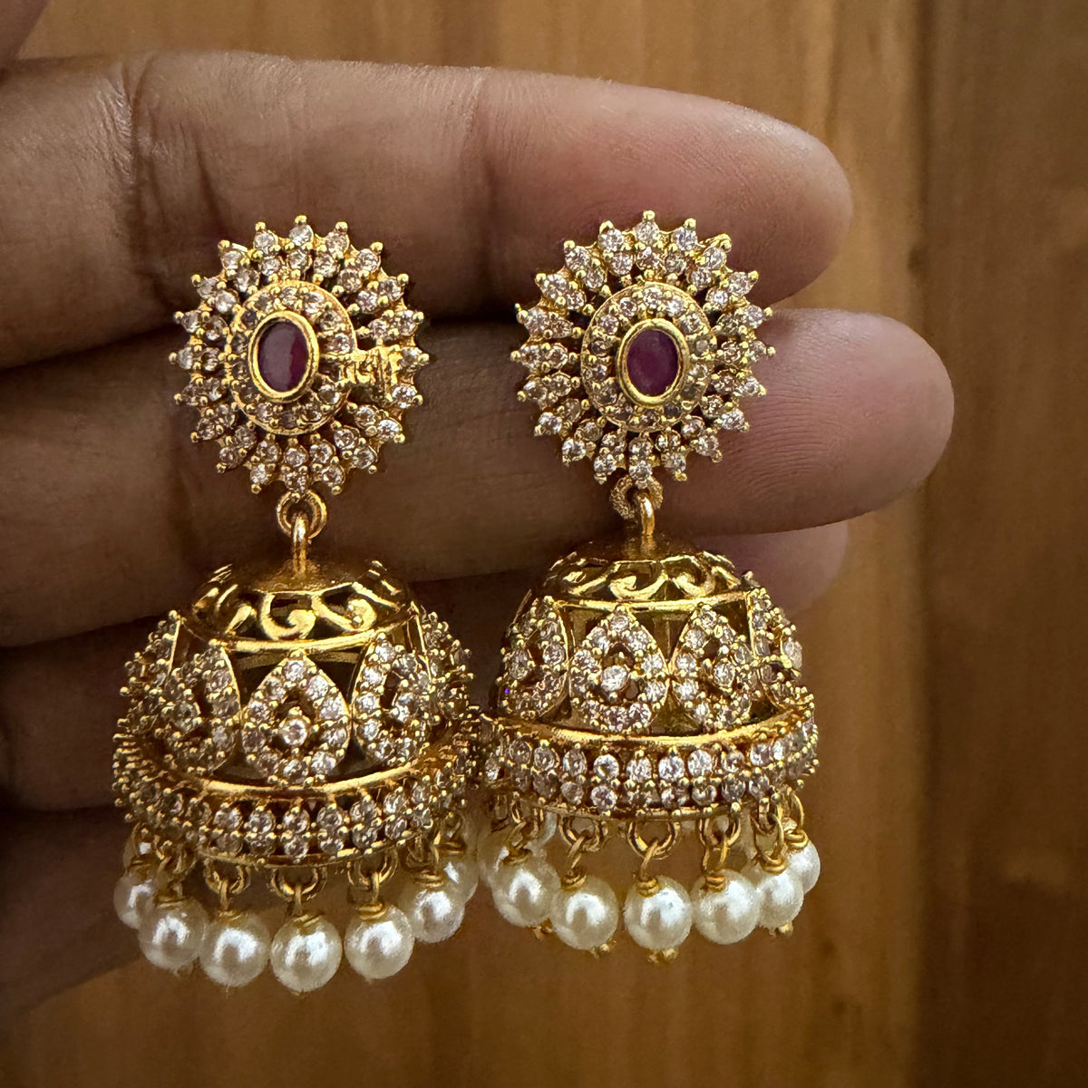 AD stone Jhumka with pearl hanging