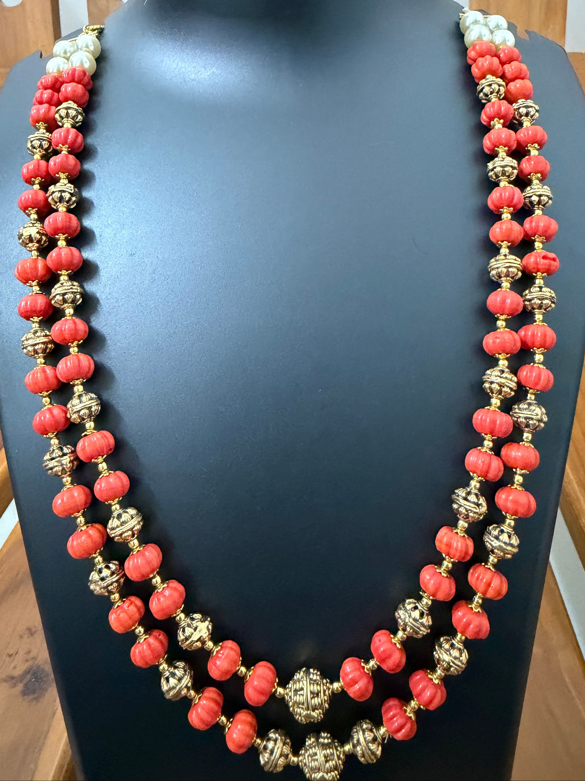 Red Coral Double Layer Long Necklace | Pavalam Mala with Antique Gold Beads and Pearls - RK Jewels