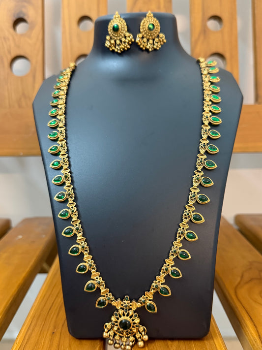 Full Green Palakka Long Haram with Big Pendant & Jhumka Earrings - 26 Inch Kerala Bridal Temple Haram