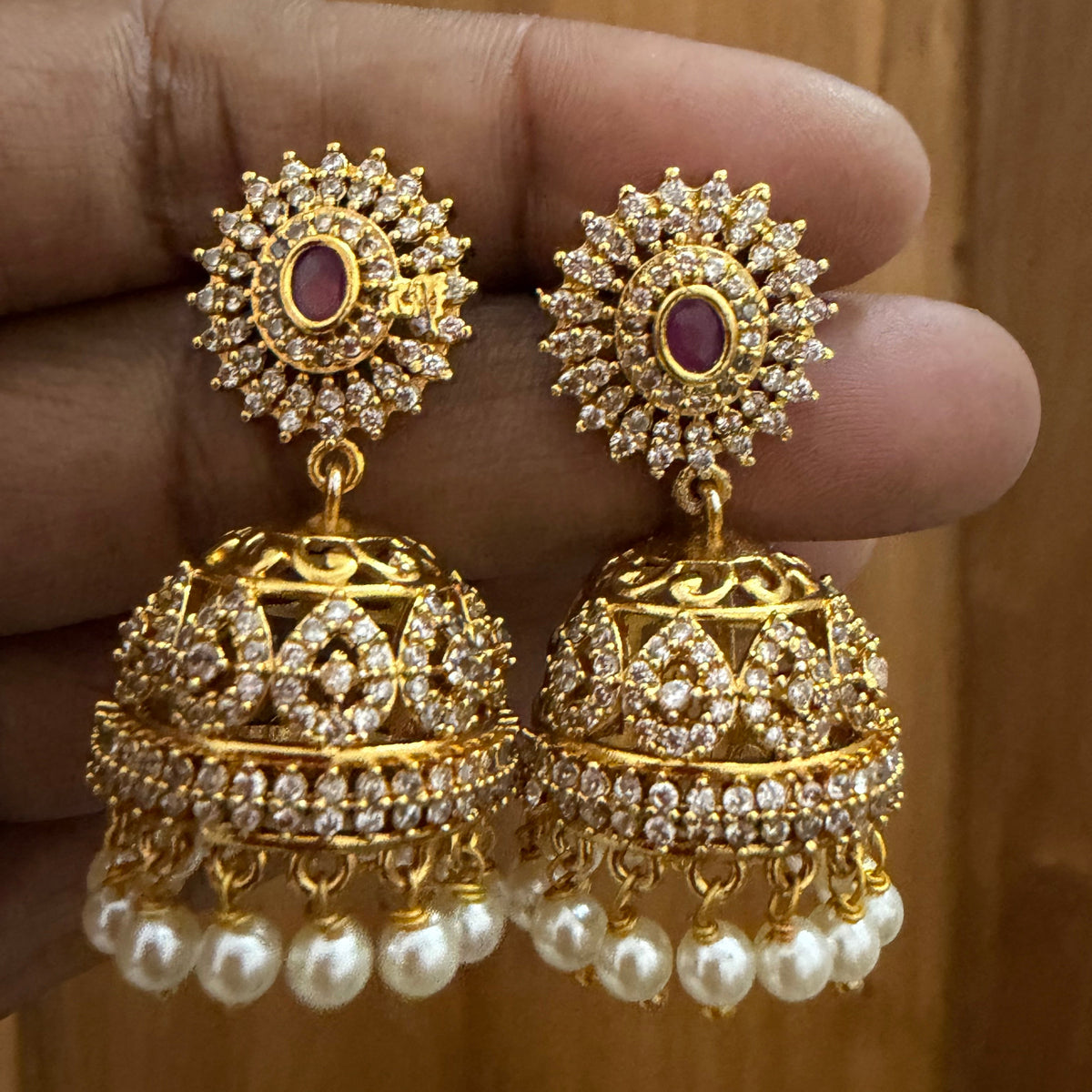 AD stone Jhumka with pearl hanging