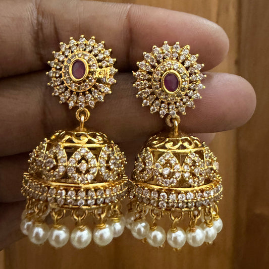 AD stone Jhumka with pearl hanging