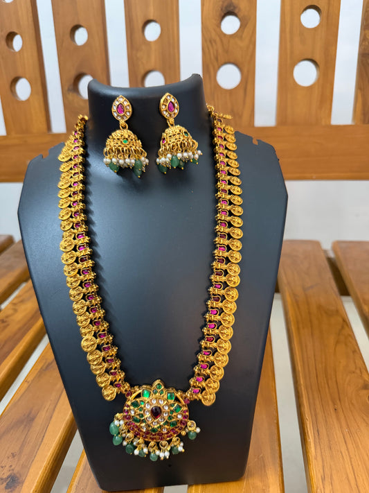 Ruby Kemp Lakshmi Coin Long Haram with Gaja Pendant & Jhumka - Premium Temple Jewellery