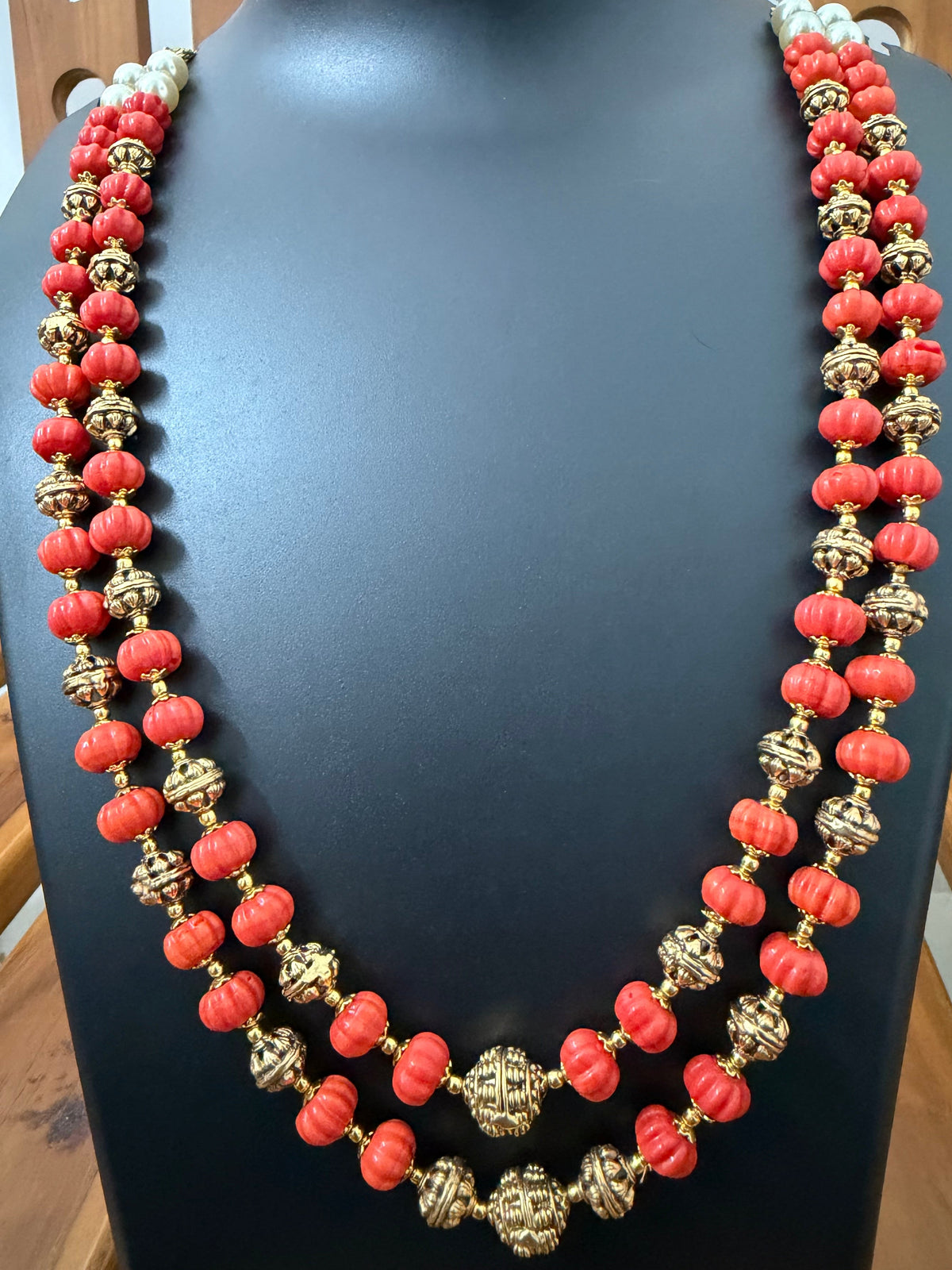 Red Coral Double Layer Long Necklace | Pavalam Mala with Antique Gold Beads and Pearls - RK Jewels
