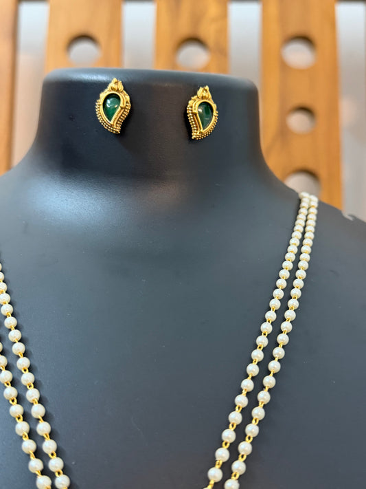 Kerala Pearl Long Haram with Green Mango Pendant - Double Layer White Pearl Haram with Palakka Pendant & Earrings