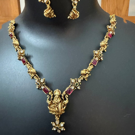 Gaja Lakshmi Bala Krishna Temple Necklace Set - Antique Kemp Ruby CZ
