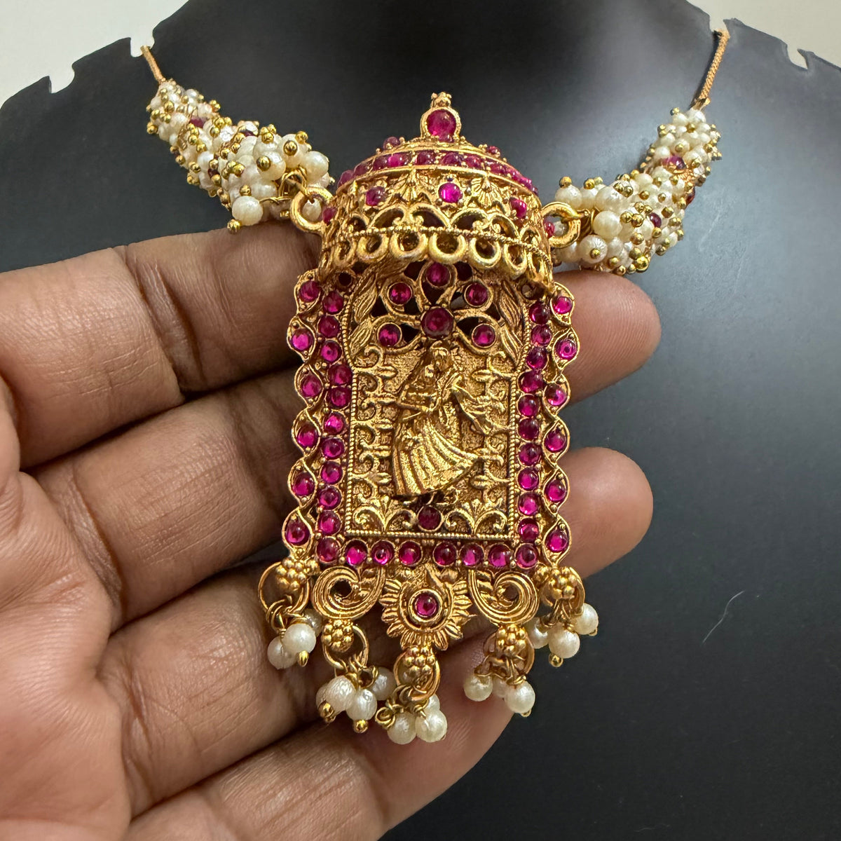 Radha Krishna Kemp Pink Stone Temple Jewelry Set with Pearl Necklace