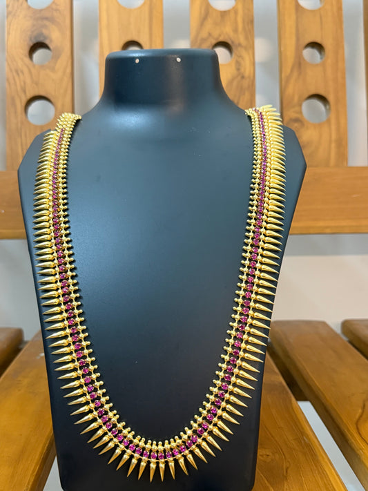 Kerala Pichimottu Long Haram 24-26 Inch with Ruby Stones - Traditional Spike Haram
