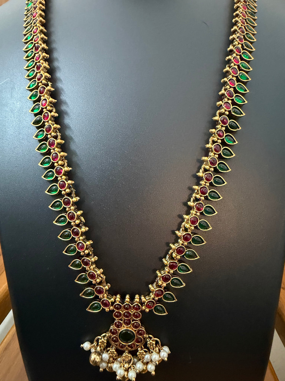 Mullai Kemp Long Haram Set - Red & Green Mango Leaf Temple Necklace withearrings