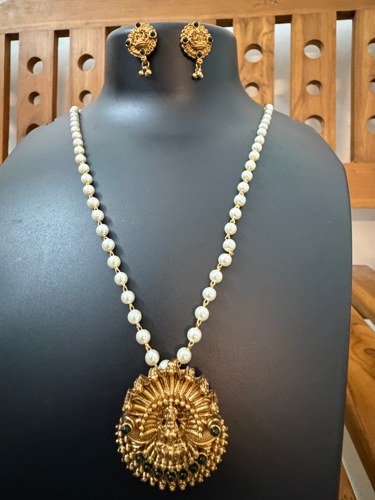 Green/Red Naga Long Haram with Big Pendant & Jhumka Earrings - 26 Inch Kerala Bridal Temple Naga Mala