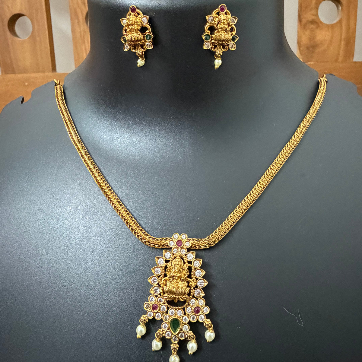 Aishwarya Lakshmi Attigai Necklace Set : Antique Gold Temple Jewellery with Earrings