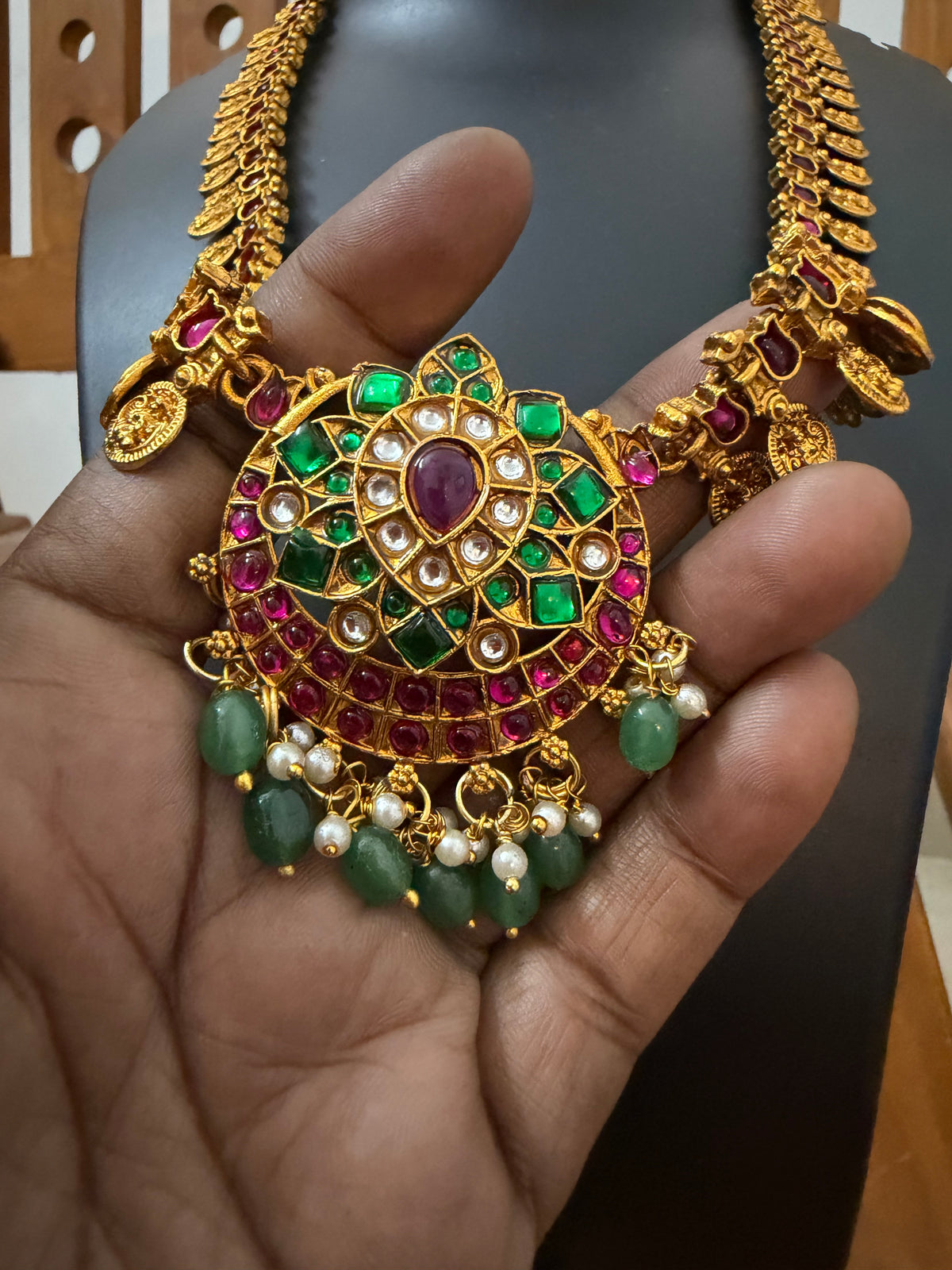 Ruby Kemp Lakshmi Coin Long Haram with Gaja Pendant & Jhumka - Premium Temple Jewellery