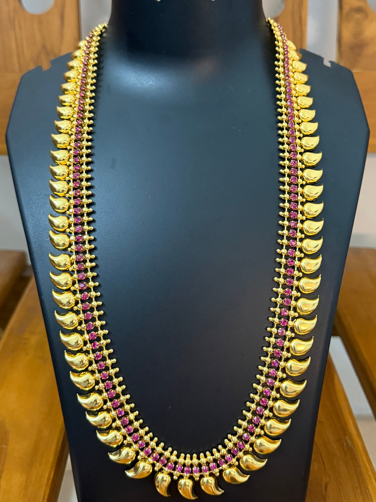 Kerala Mango Leaf Long Haram with Ruby Stones - Mambazha Maanga Mala Long Haram 24-26 Inch
