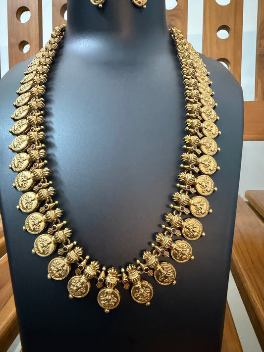 Lakshmi Kasu Long Haram with Lotus Flower Coins - Antique Gold Temple Bridal Set